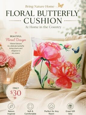 Floral Butterfly Cushion – At Home in the Country‎